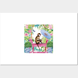 Monkey in chinoiserie garden Posters and Art